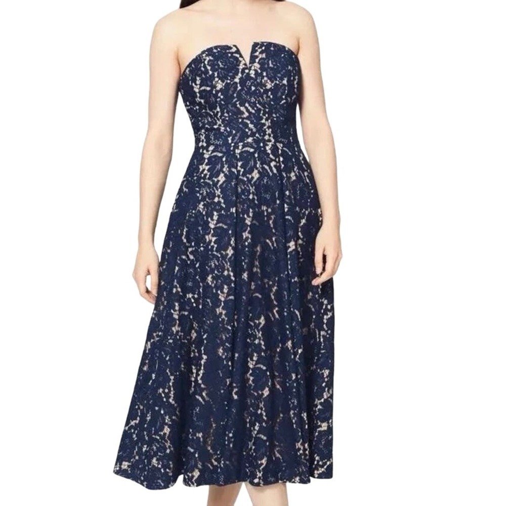 NWT FAME AND PARTNERS Navy Blue Lace Midi Strapless A-Line Dress - Sz 0